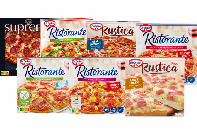 Et utvalg Dr. Oetker frossenpizza i ulike varianter, inkludert Ristorante og Rustica.