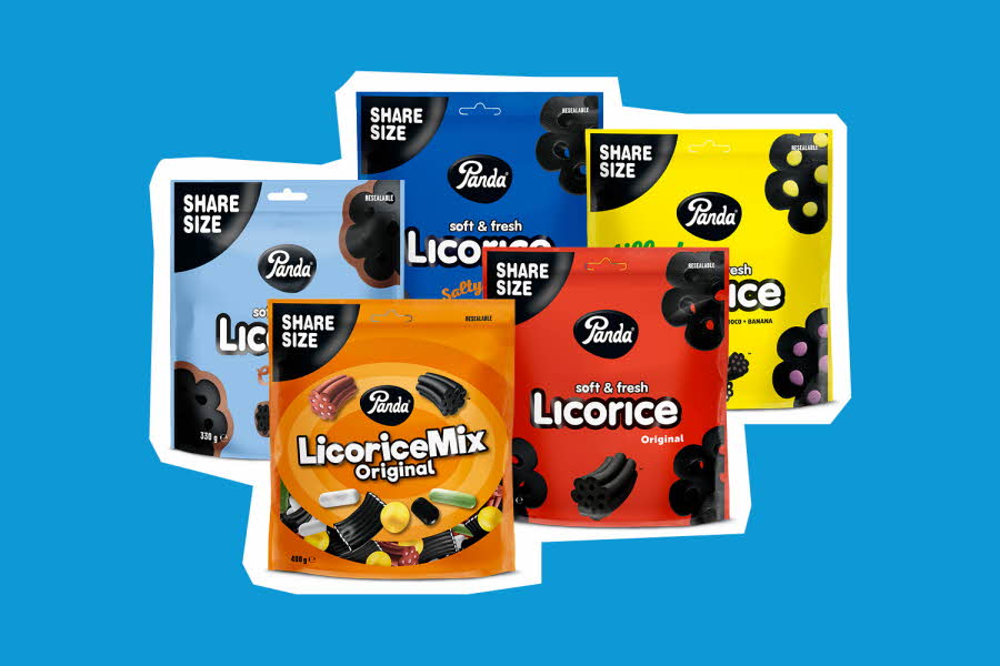 Fem poser Panda Licorice i forskjellige smaker