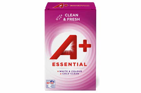 Pakke med A+ Essential vaskemiddel i rosa og hvit design.