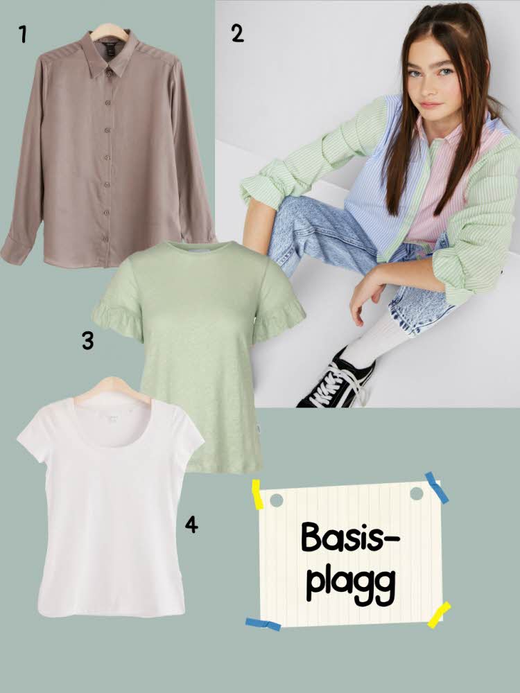 Tekst: Basisplagg. Bilde av jente øverst til høyre omgitt av produktbilder med skjorte og to t-skjorter