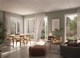 Illustrasjon av leilighet med stue ut mot balkong på Heggedal Hage