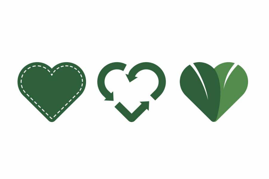 tre symboler på bærekraft, reparer, resirkuler og naturen