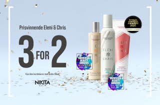 Produkter fra Eleni & Chris med tekst "3 for 2 prisvinnende Eleni & Chris"
