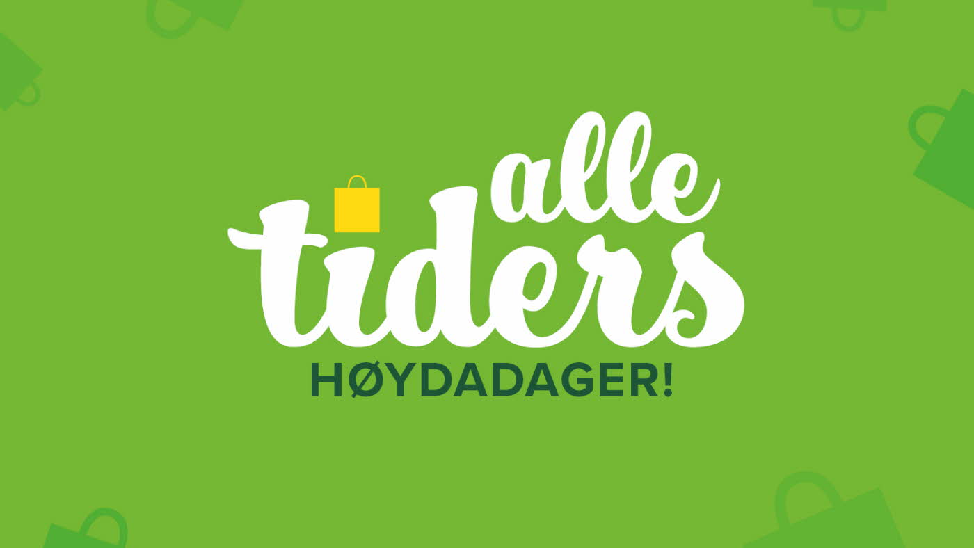 grønn bakgrunn med illustrasjon av handleposer, og teksten "alle tiders høyda dager"