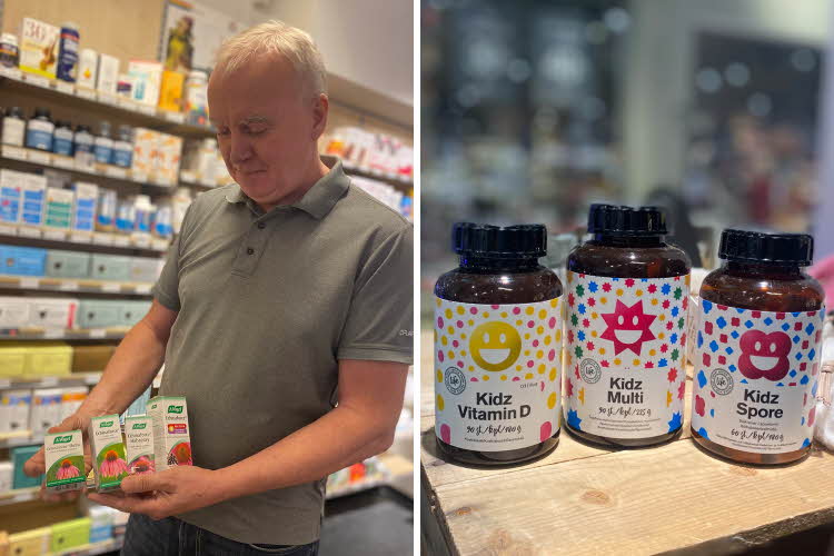 En mann som viser frem helseprodukter og vitaminbjørner til barn