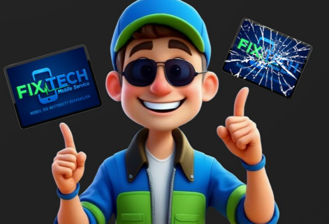 Blid animert figur med Fixtech logo på animert mobil