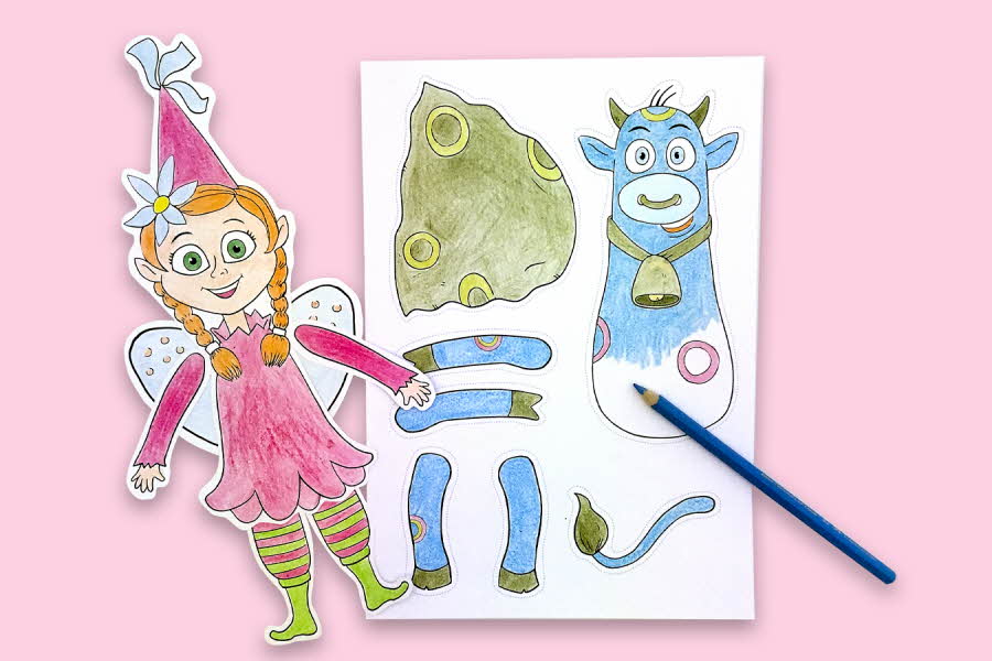 Finn frem saks, tykt papir og gode fargeblyanter, og lag koselige figurer som barna kjenner godt.