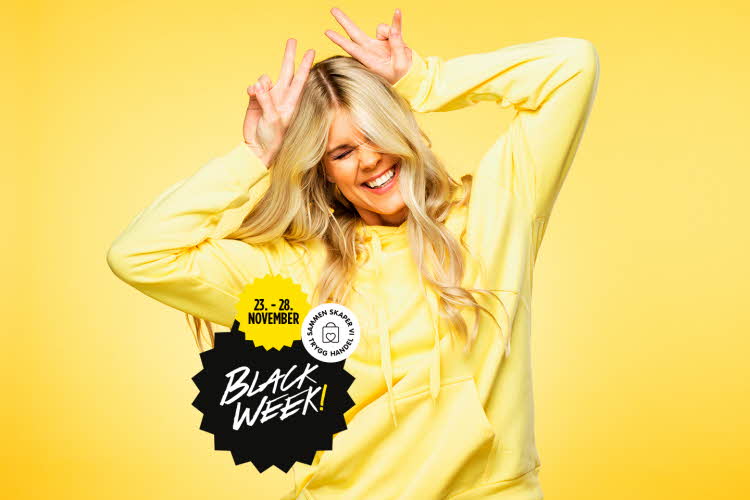 jente i gul genser poserer foran gul bakgrunn, med teksten black week i sort boble, datoene 23.-28. november i gul boble, trygg handel-logoen ved siden av