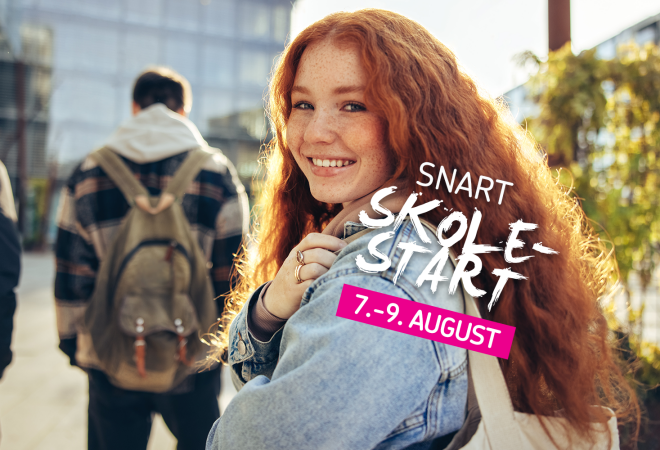 jente med rødt hår og dongerijakke, har sekk på ryggen. Teksten Snart skolestart 7.-9. august