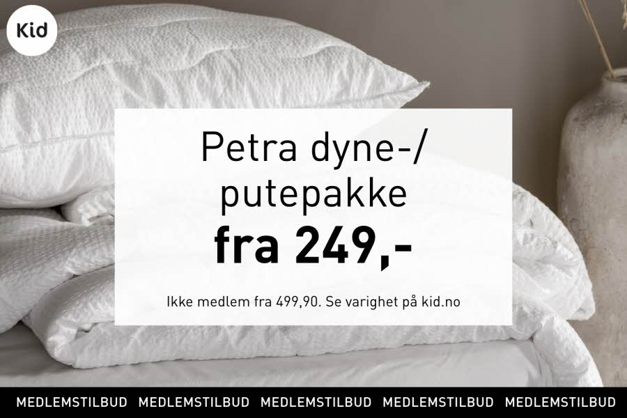 En dyne og pute uten trekk med tekst "petra dyne-/putepakke fra 249"