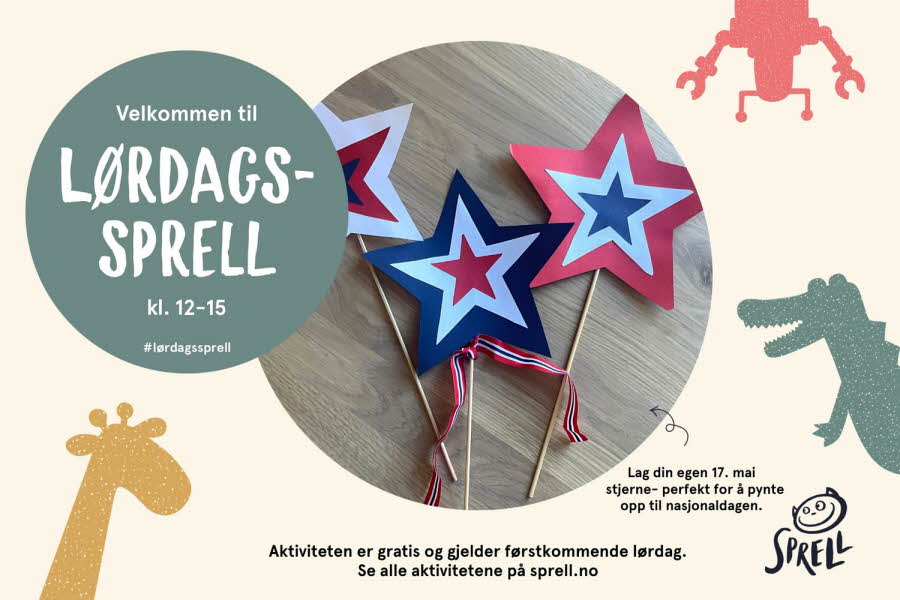 Grafisk bilde med teksten "Lørdagssprell" og papirstjerner i rødt, hvitt og blått.