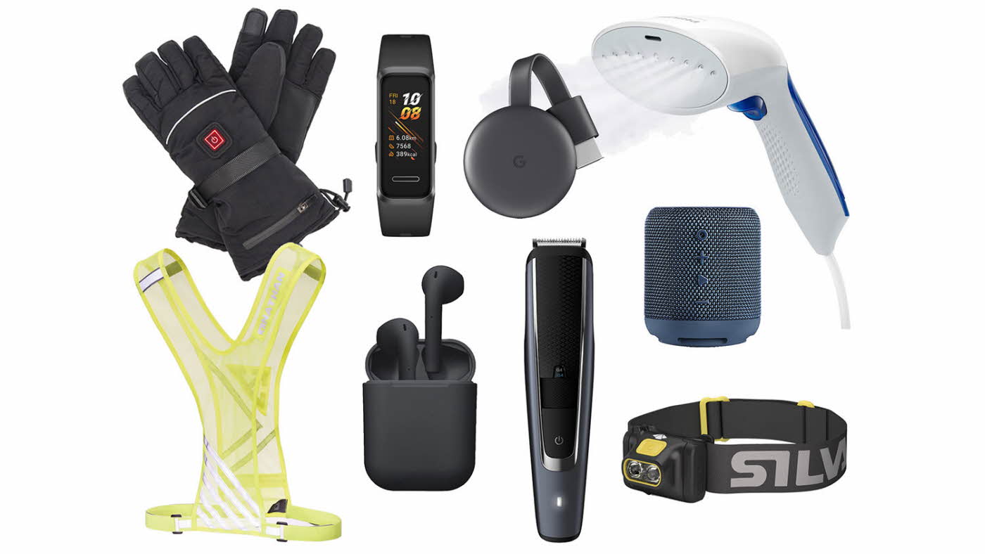 kollasj av forskjellige produkter: hansker, refleksvest, pulsklokke, øretelefoner, barbarmaskin, hodelykt, mini-høyttaler