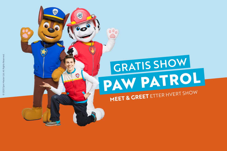 Figurene fra Paw Patrol står og vinker med teksten "Gratis show Paw Patrol lørdag 2. nov kl. 12 og 14"