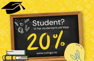 En tavle med teksten "Studen? Vi har studentpris på klipp 20%"