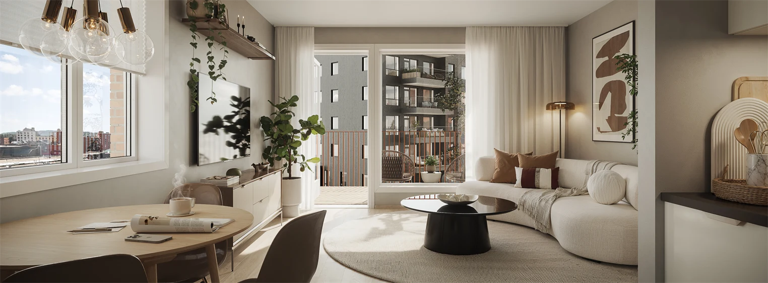 Illustrasjon av stue ut mot en balkong hos boligprosjektet Skårerløkka PREMIUM i Lørenskog.
