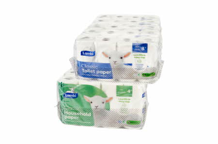 En 40-pakk med Lambi toalettpapir og en 20-pakk med Lambi tørkepapir
