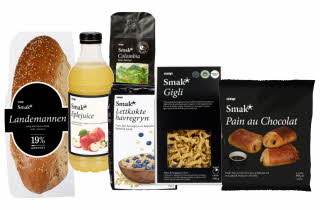 Et utvalg Coop Smak-produkter, inkludert brød, juice, havregryn, kaffe, pasta og croissanter.