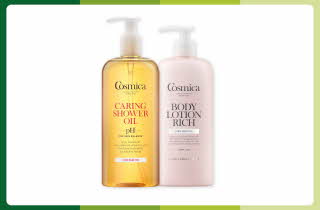 To hudpleieprodukter fra Cosmica – dusjolje og bodylotion.