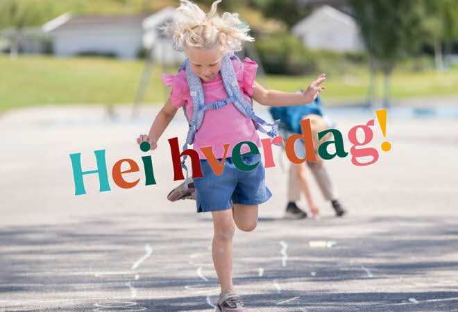 Jente som hopper paradis og teksten "Hei hverdag"