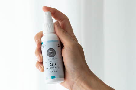 hånd som holder en flaske med magnesium olje spray