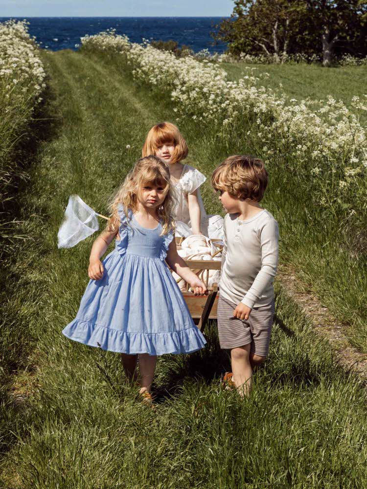 Tre barn som går på en gressvei