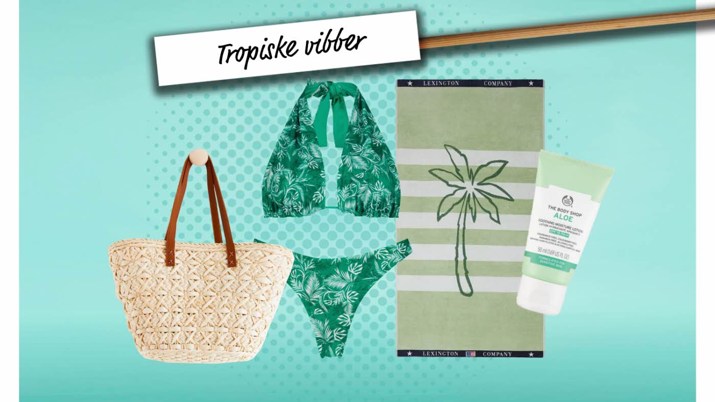 Turkis bakgrunn med skilt "Tropiske vibber", stråveske, bikini, strandveske og kremflaske