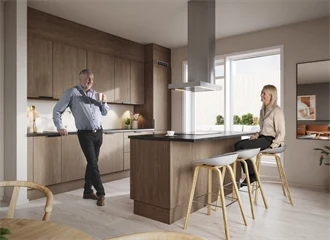 Illustrasjon av kjøkken med en mann og en kvinne fra boligprosjektet Skårerløkka PREMIUM i Lørenskog.