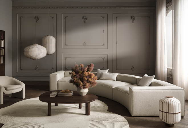 bilde av en stue med runde tepper