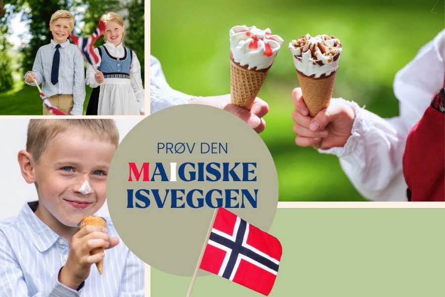 Glade barn med is og norske flagg