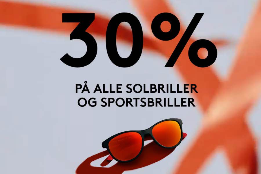 Illustrasjon av solbriller og tekst: "30% på alle solbriller og sportsbriller"