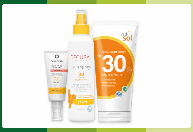 Tre solprodukter med høy solfaktor fra Cliniderm, Decubal og Vidi sol.