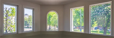 Panoramabilde av utsyn gjennom vinduene i Stortorvet 2