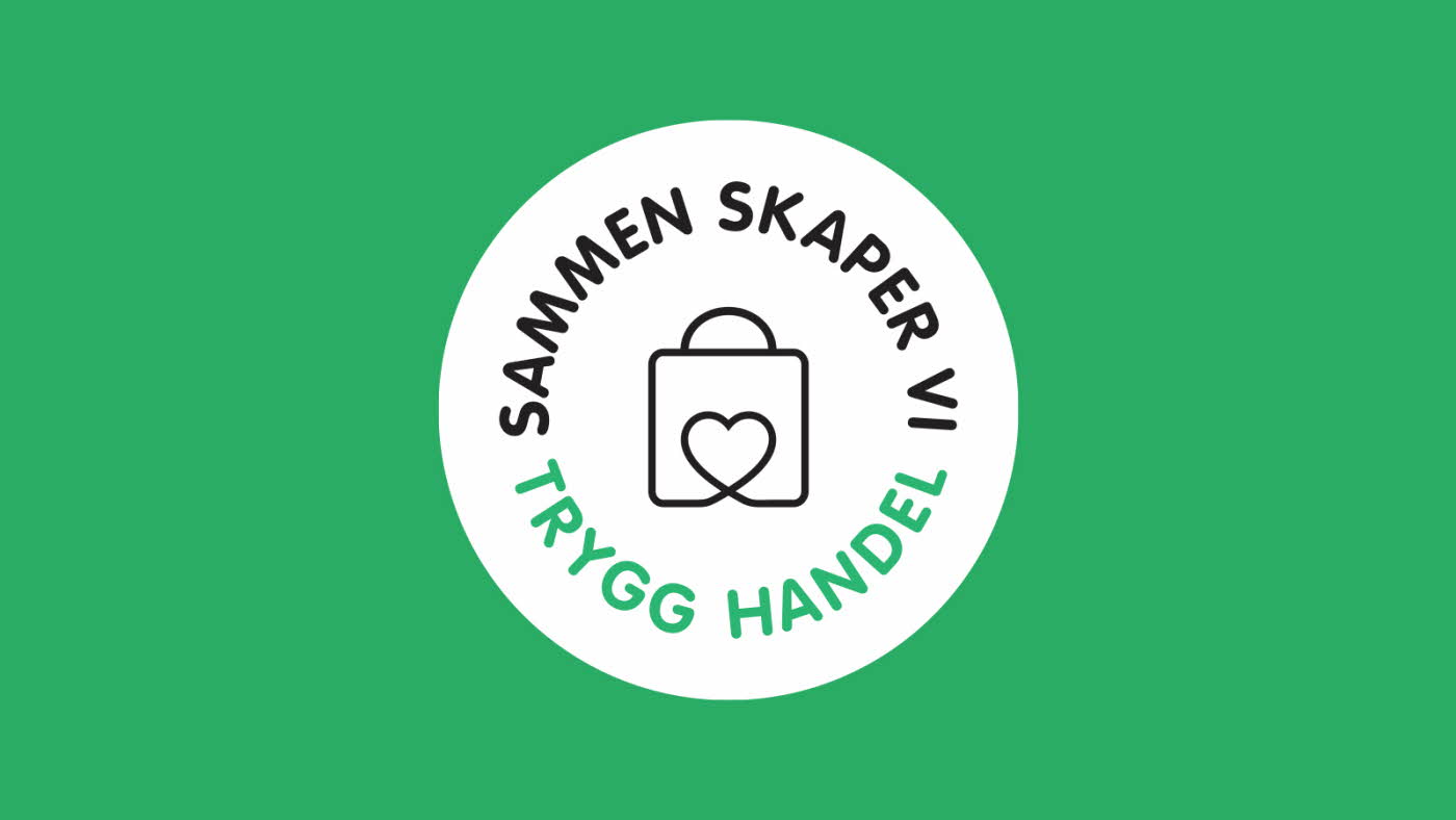 Trygg handel-logo med teksten "sammen skaper vi trygg handel" på grønn bakgrunn