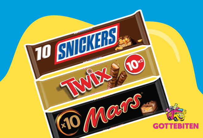 Tre sjokoladebarer med Snickers, Twix og Mars.