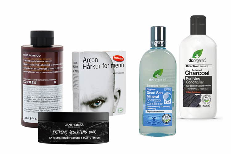 Fem produktbilder med hårprodukter