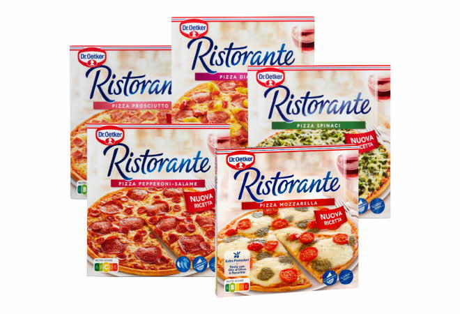 Fem forskjellige frossen pizzaer fra Dr. Oetker Ristorante.