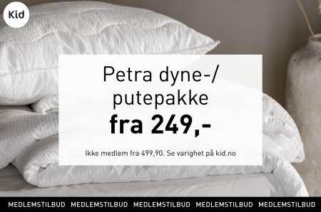 En dyne og pute uten trekk med tekst "petra dyne-/putepakke fra 249"