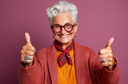 eldre dame som gir thumbs up, klippet seg hos ramm av ramsvik åsane