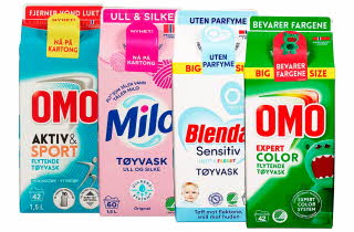Fire ulike flytende vaskemidler for sportstøy, ull og silke, sensitiv hud og farget tøy