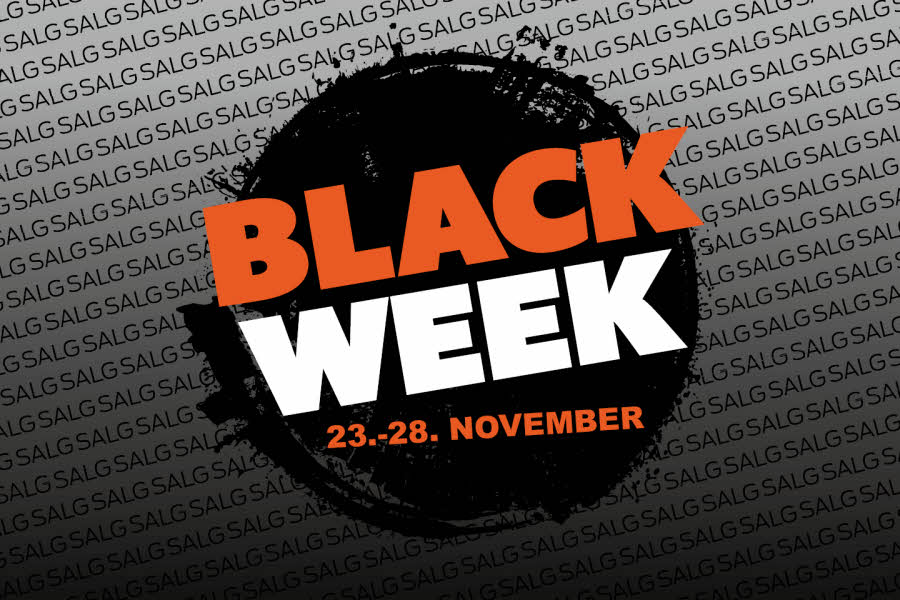Mosseportens Black Week-logo. Svart runding med oransje og hvit tekst, Black Week 23.-28. november