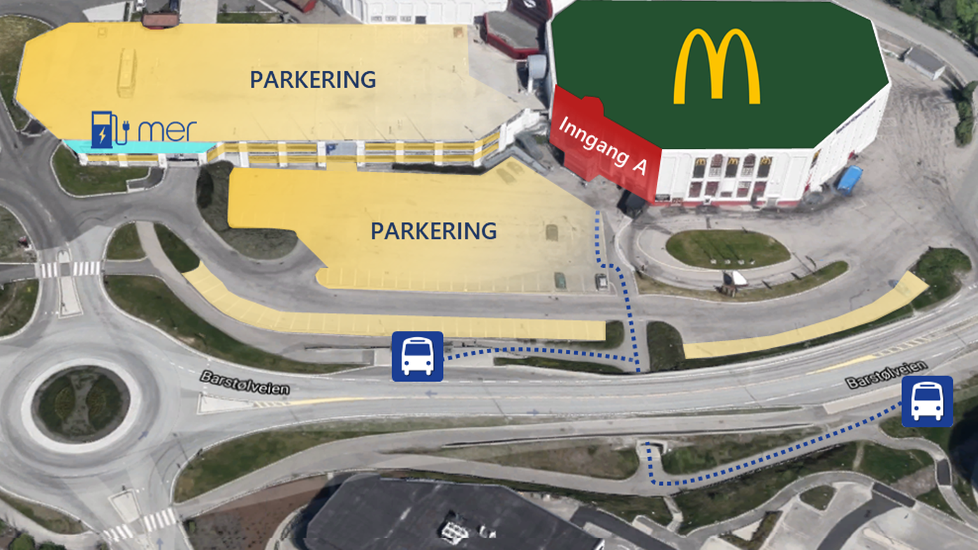 Illustrasjon over parkering og buss ved McDonald's