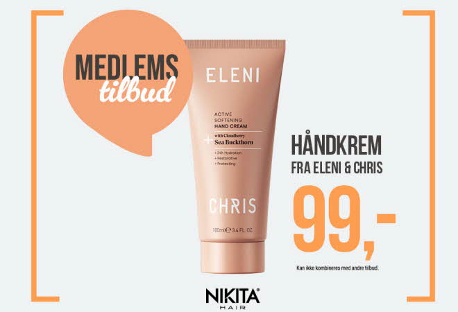 Bilde av håndkrem med tekst "Medlemstilbud. Håndkrem fra Eleni & Chris 99,-. Nikita"