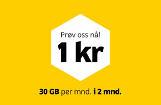 Gul banner med tekst "Prøv oss nå! 1 kr 30GB per mnd. i 2 mnd."