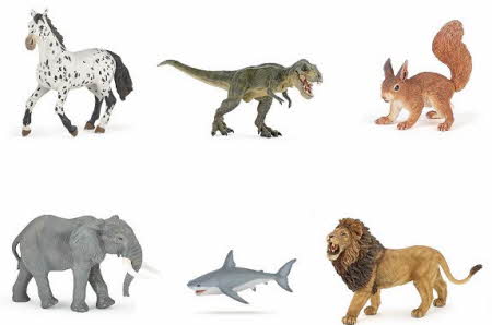 produktbilder av papo-dyr: zebra, dinosaur, ekorn, elefant, hai og løve