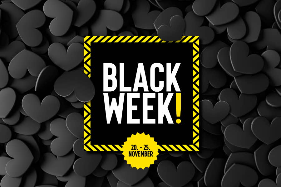Grafisk bilde med svarte hjerter og teksten "Black Week"