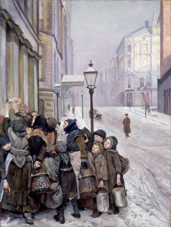 Maleriet Kampen for tilværelsen av Christian Krohg fra 1889, som viser en gruppe mennesker i matkø i Oslos snødekte gater