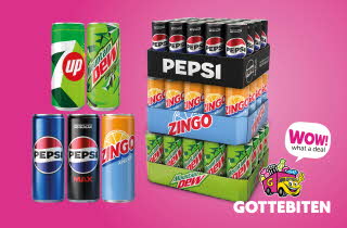 Tre brett med bokser, ett med Zingo, ett med 7up og ett med Pepsi