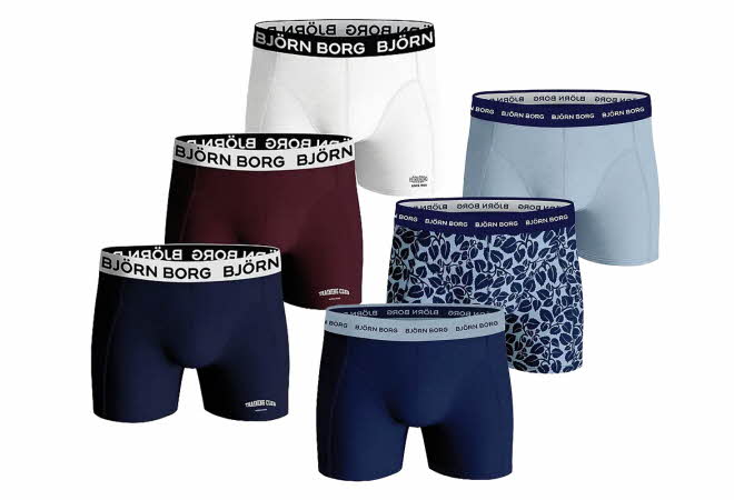 Seks par med boxershorts fra Bjørn Borg i forskjellige farger