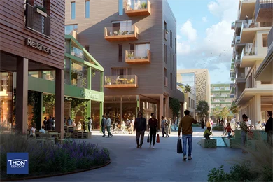 Illustrasjon viser bymiljø med butikker, boliger og mennesker i planlagt nytt bydelssentrum i Åsane