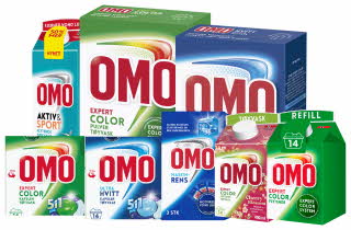 Et utvalg OMO vaskemidler i ulike varianter og pakninger.